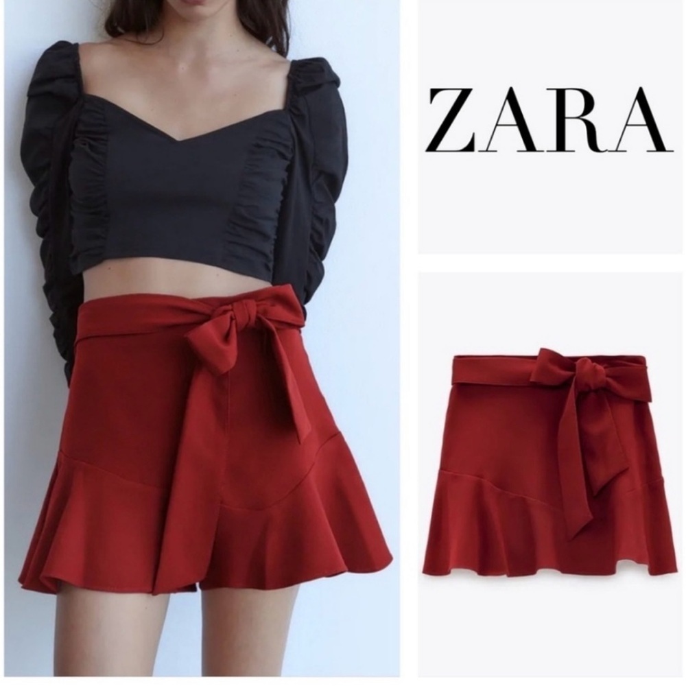 Zara Red Skater Mini Skirt with Tie Front
